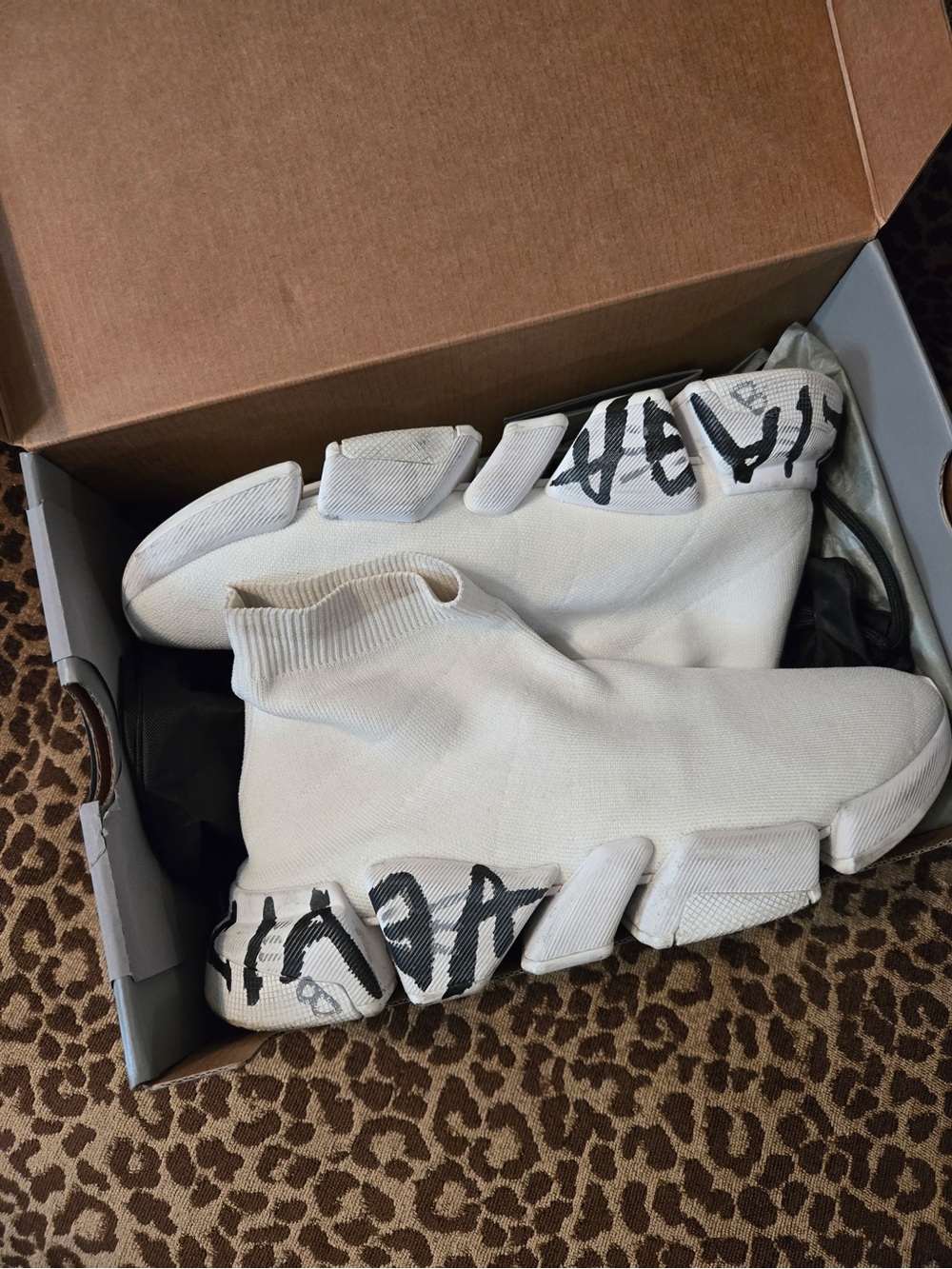 Balenciaga White Sock Sneakers with Black Graffiti Detailing